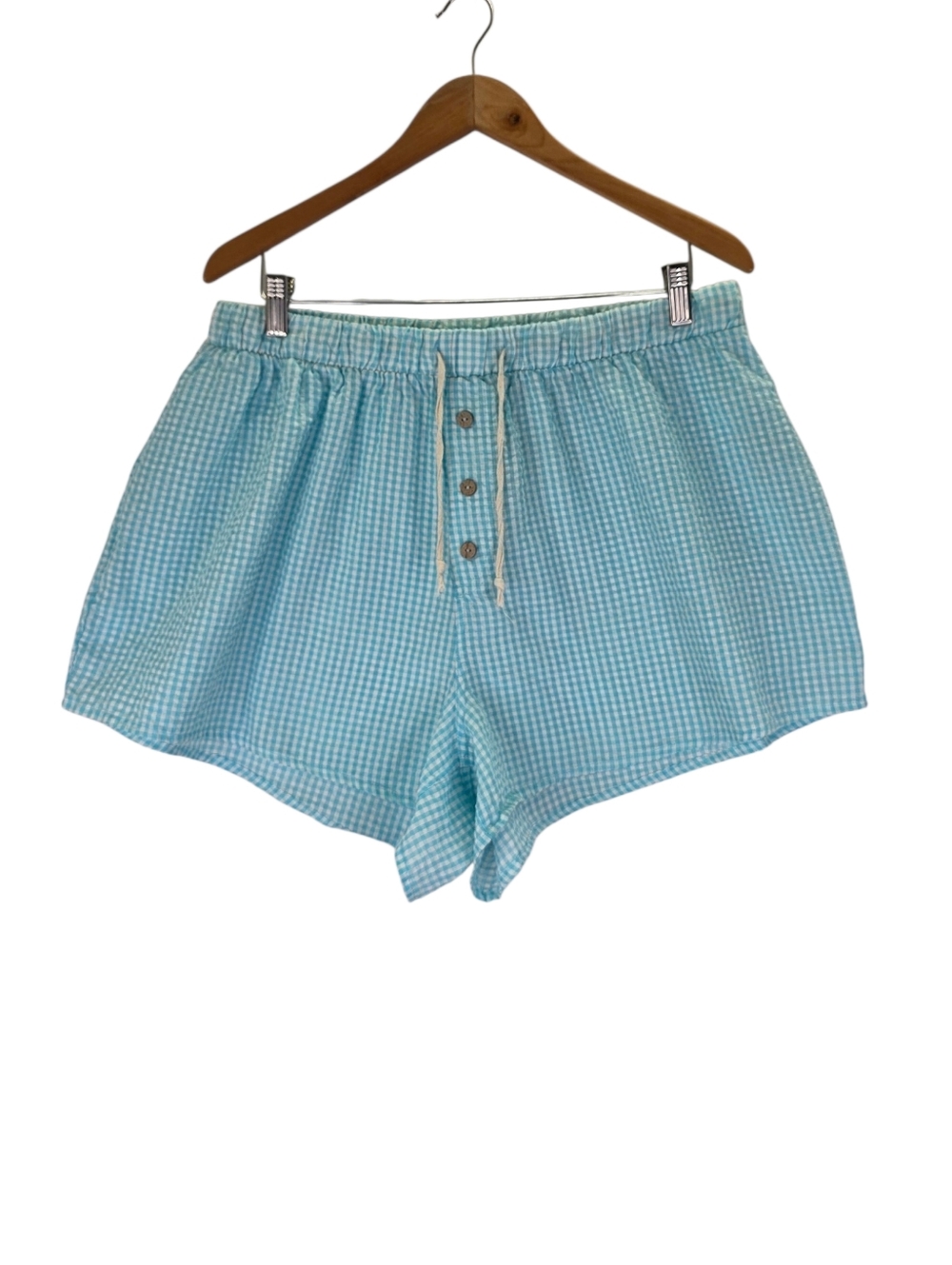 Free People Intimately Sunday Morning Boxer Shorts Aqua Gingham High Rise Sz XL
